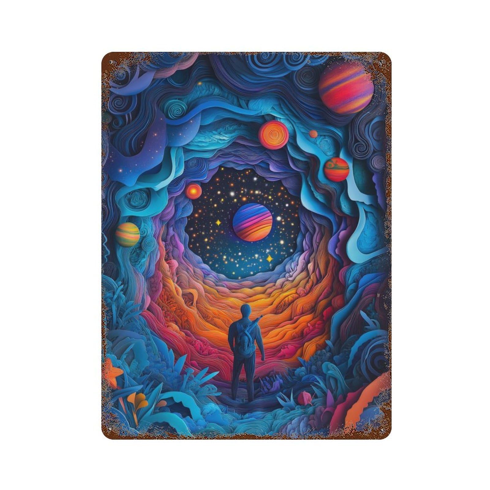Papercut Alien World Rust Effect Tin Sign 15.7"x11.8", Ideal for Farmhouse, Kitchen And Entryway Decor