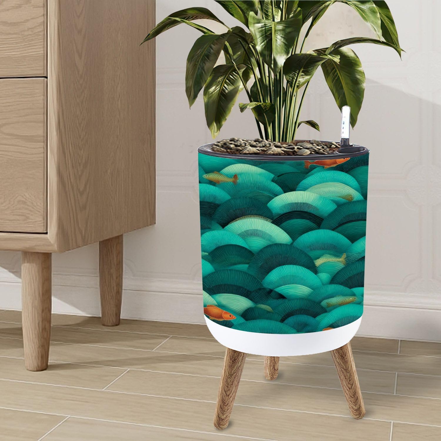 Planter with Stand Beautiful Turquoise Teal Green Blue Squama Mermaid Tail Geometric Plant Pot with Stand 8.7" Indoor Flower Pots Self Watering Planter with Water Level Indicator Modern Decor