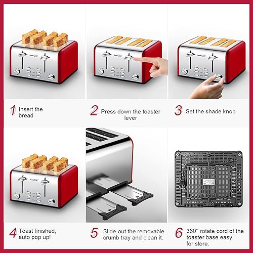 Miniatura 6 de Geek Chef Tostadora de 4 rebanadas, tostadora de bagel Prime Retro mejor calificada con 6 ajustes de sombra de pan, 4 ranuras extra anchas, función