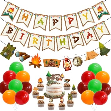 Camping Happy Birthday Decorations, Camping Party Decoration Kit for Kids Adults - Happy Birthday Banner, Garland, Balloons, Cake Toppers, Happy Camper Party Tent Decorations