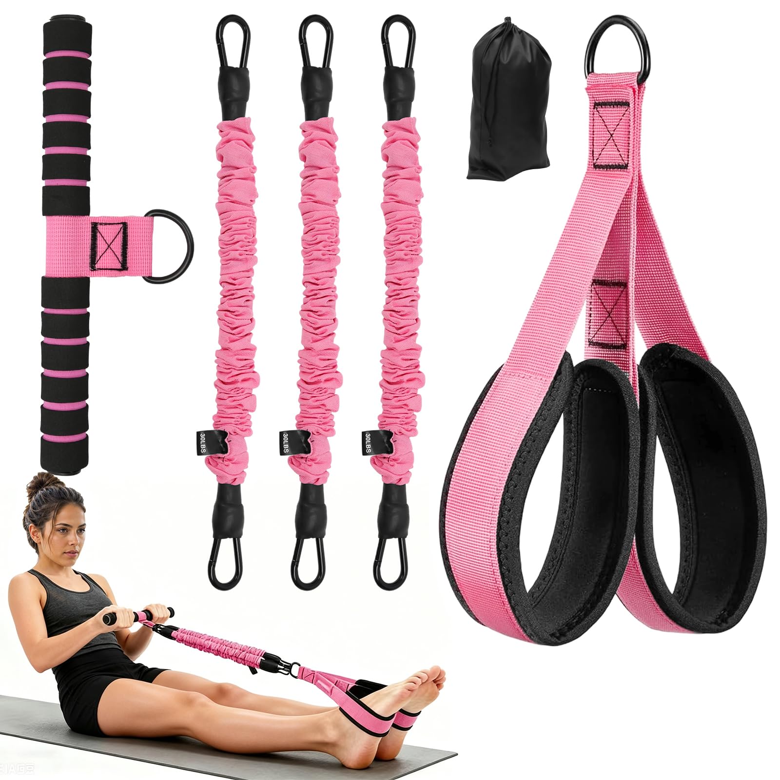 Pedal Resistance Band with Handle, 3-Level Adjustable Bands for Women