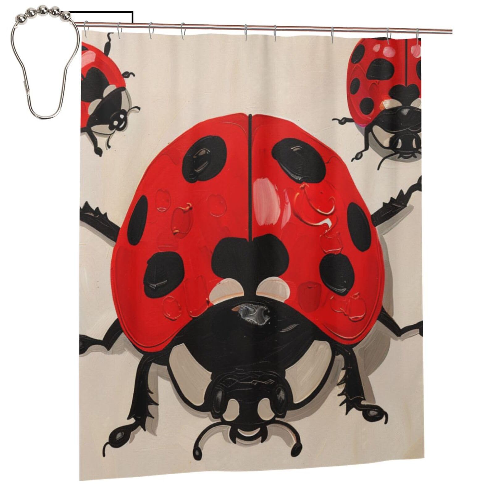 BWWHCCTI Ladybug Print Printed Shower Curtain With 12 Iron Hooks Opaque Quick Drying Waterproof Shower Curtains Sets For Bathroom 152x183 Cm