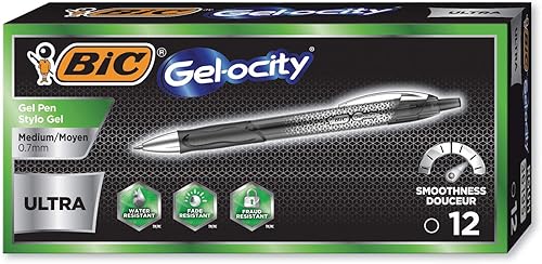 BIC Gel-Ocity Ultra - Bolígrafos de gel, punta media retráctil (0.028 in), bolígrafo de gel de tinta negra, 12 unidades