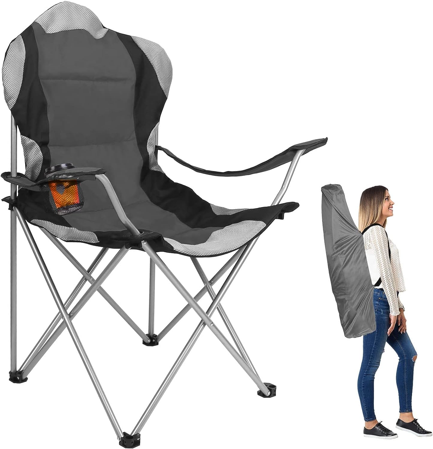 GO2CAMPS Foldable Camping Chair with Cup Holder - Heavy Duty, Grey - Ideal for Garden, Fishing, Travel, Picnic & Festivals