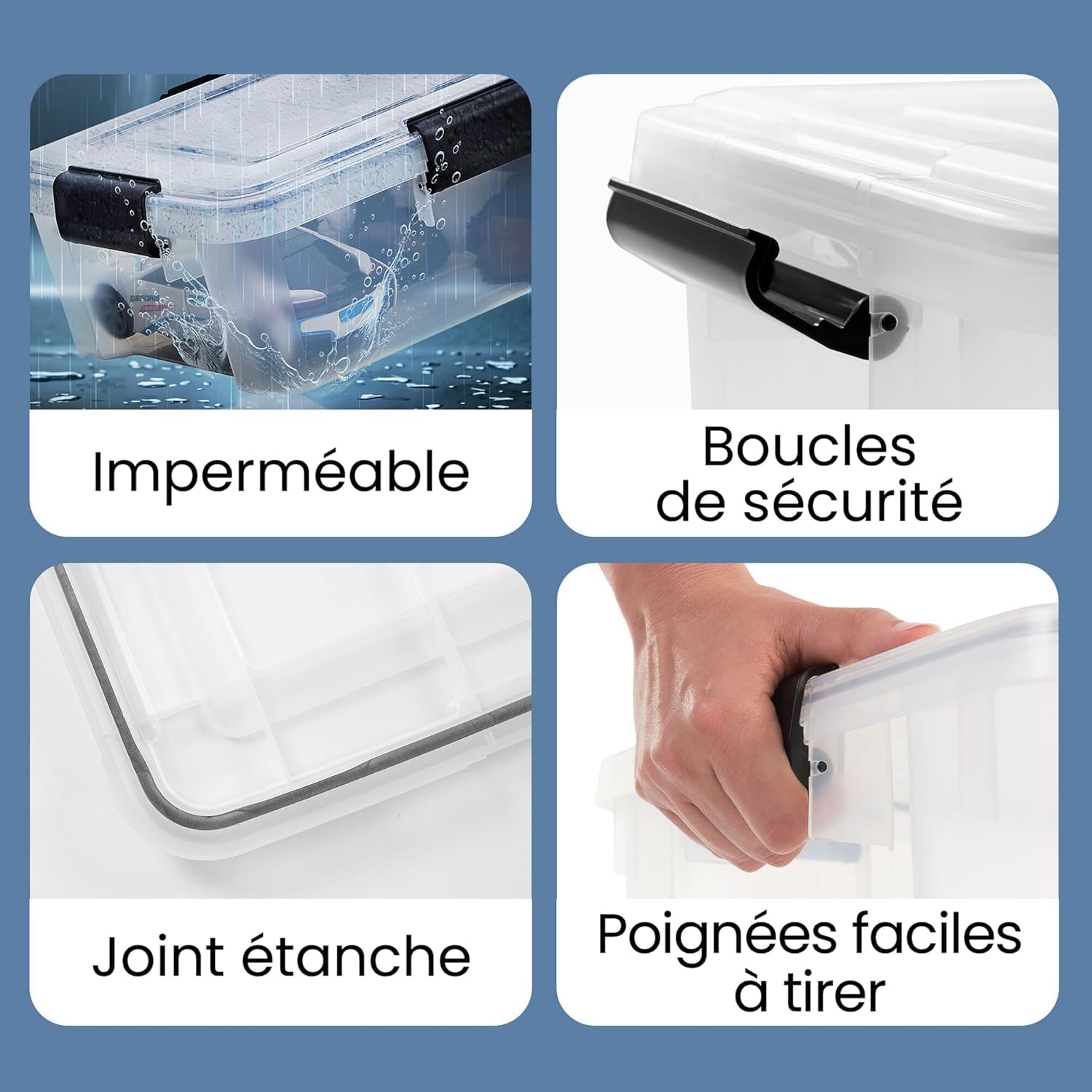 Iris Ohyama, Boite Rangement Hermétique, 50L, Lot de 4, Transparent, Couvercle avec Joint Etanche, 6 Clips de Fermeture, Empilable, pour Exterieur, Garage, Vetement, Anti Poussiere, Sans BPA, AT-L