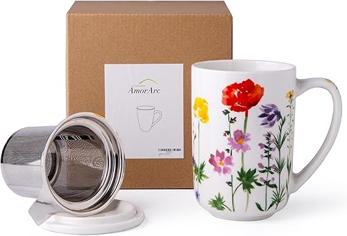 Miniatura 8 de AmorArc Taza de té de porcelana con infusor y tapas, colador de taza de té de 18 onzas con soporte para bolsa de té para té de hojas sueltas, taza