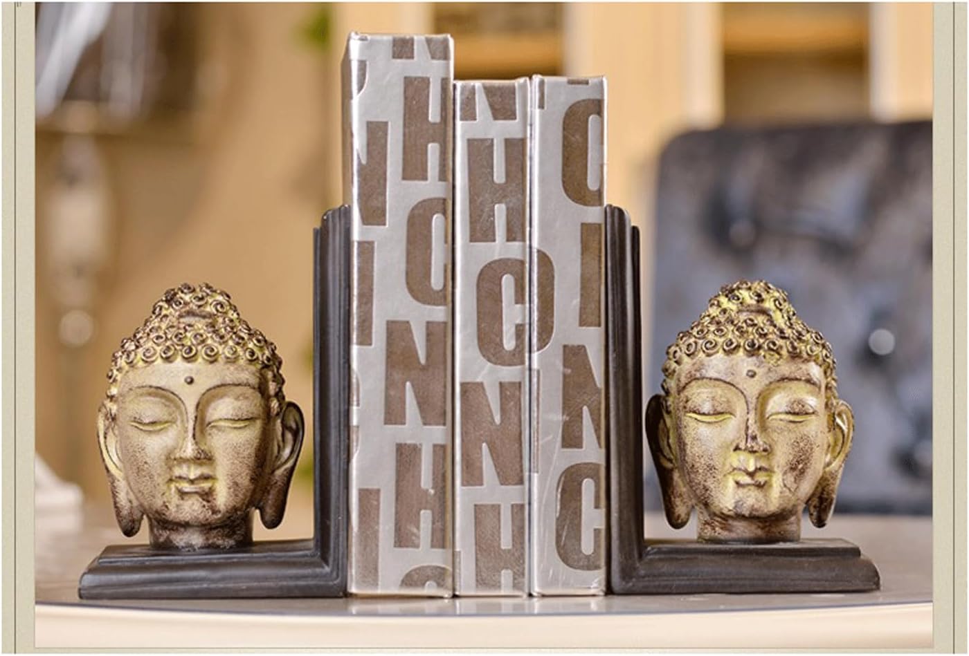 Book Holder Decorative Bookends Set - Resin Buddha Head Book Ends, Gold Color, 24x9x17cm, 2KG, 1 Pair - Heavy Bookends for Home Decor Office Decor