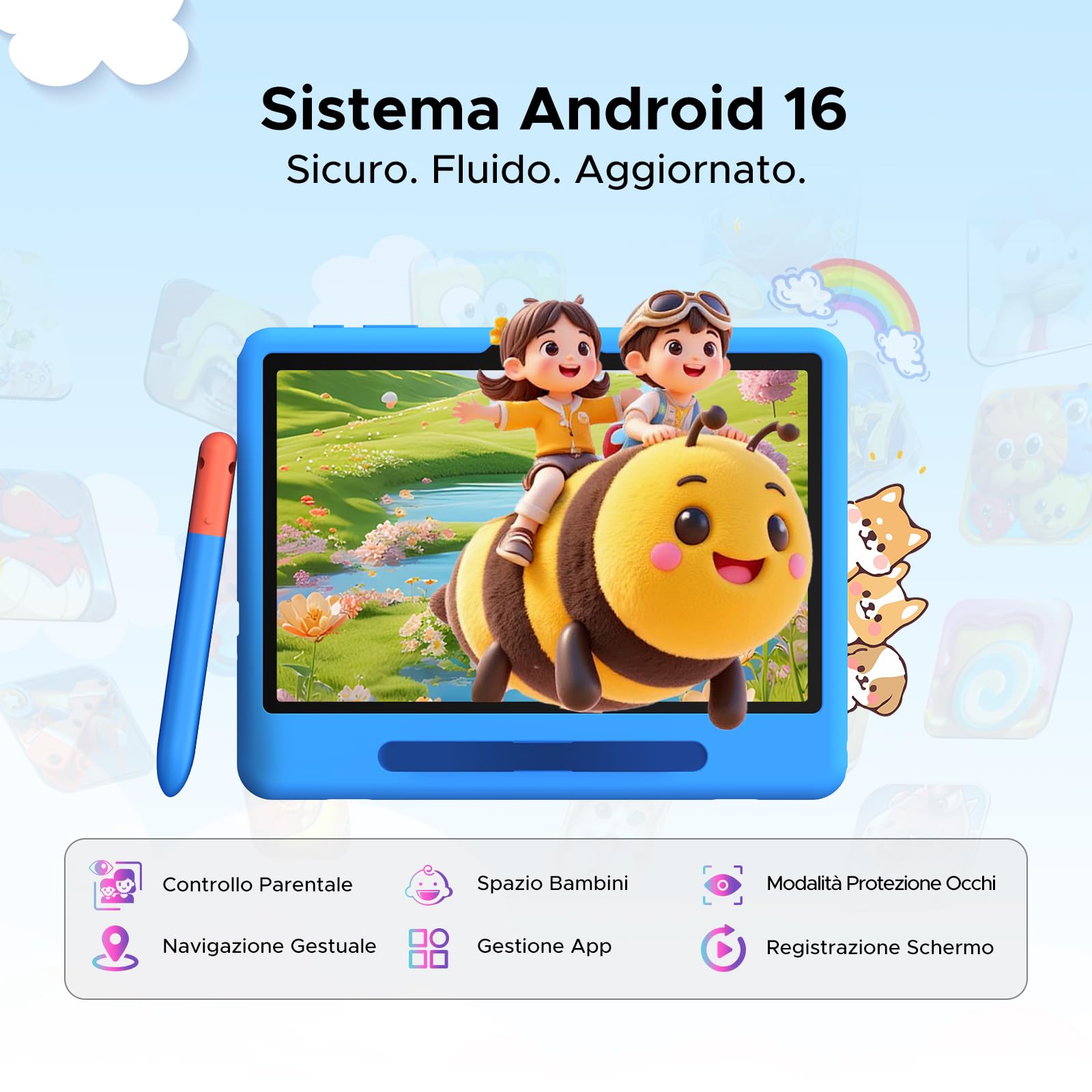 P10 Kid Tablet con Penna Custodia in Silicone, Blu | Tablet 10 Pollici con 32GB RAM+64GB ROM Tablet per Bambini, 90Hz Tablet Android 16 & Gemini AI, 7000mAhT310/5G WiFi/8MP+5MP