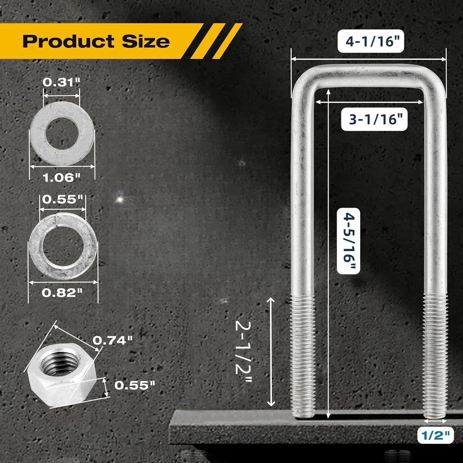 8Pack 1/2" x 3-1/16"x 4-5/16" Square U-Bolts, Hot-dip Galvanized Square U-Bolt Boat Trailer U-Bolts with Washers and Nuts for Sailboat Trailer Automobiles Industrial Part.