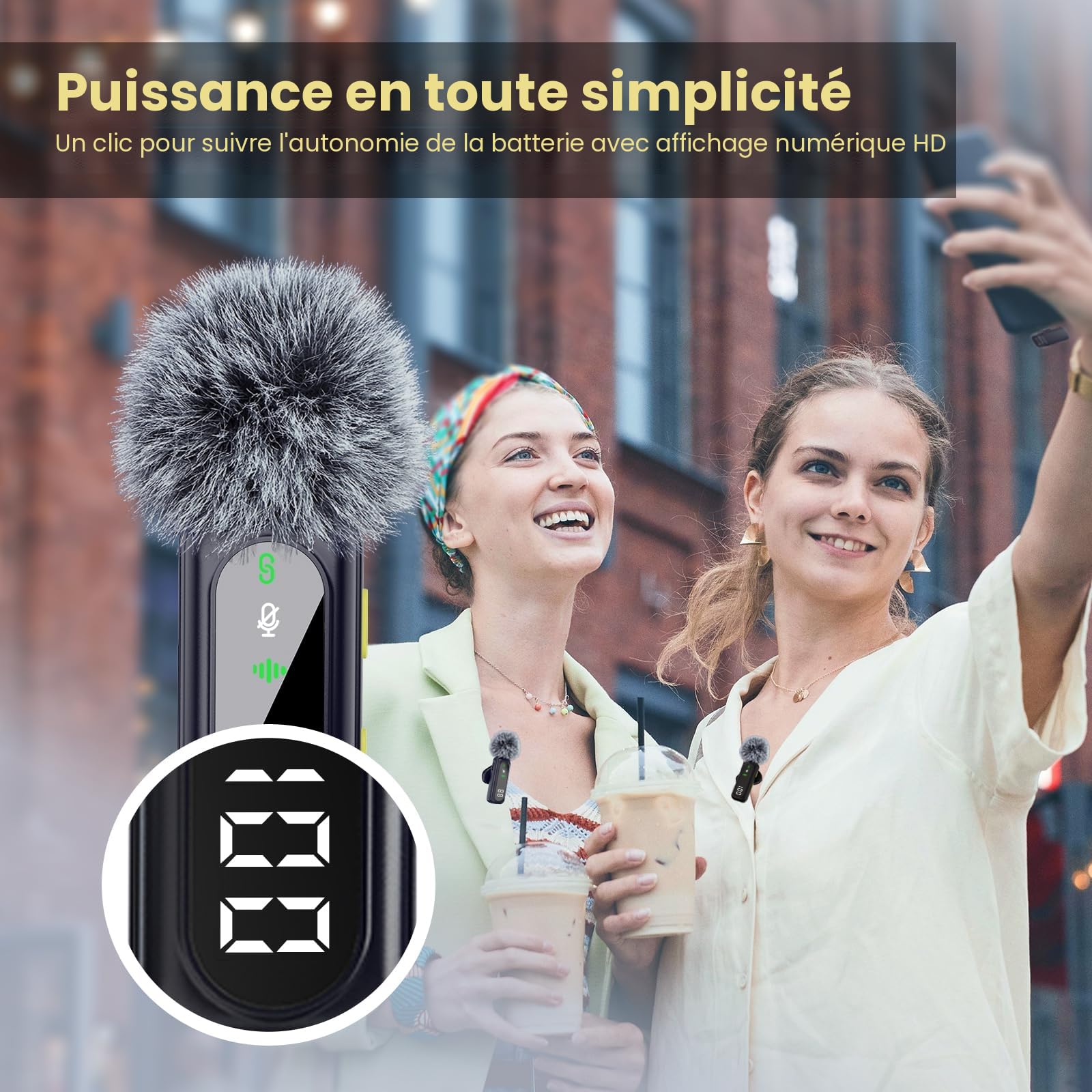 Microphone cravate sans fil avec affichage numérique de la batterie 360° omnidirectionnel suppression du bruit portée 30 m Clip rotatif pour iPhone 15/16 Android PC iPad tablette