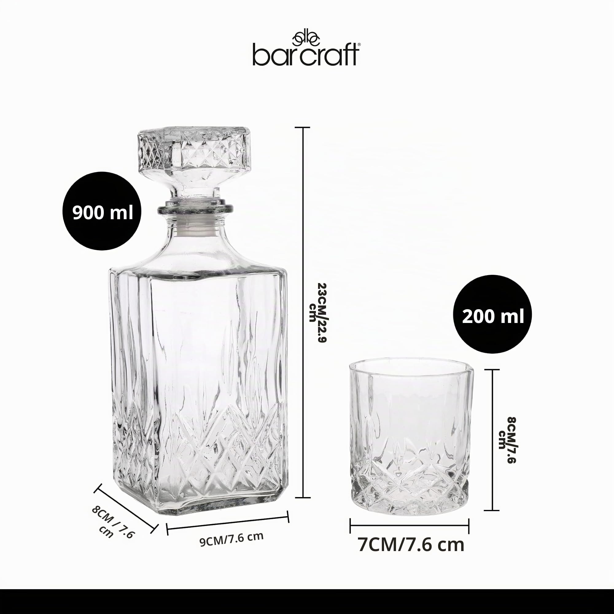 BarCraft Decanter per Whisky 900ml e set da Regalo, in Vetro Tagliato, 5 Pezzi, con Tappo in Silicone e 4x Bicchieri, 26 x 10 x 24cm