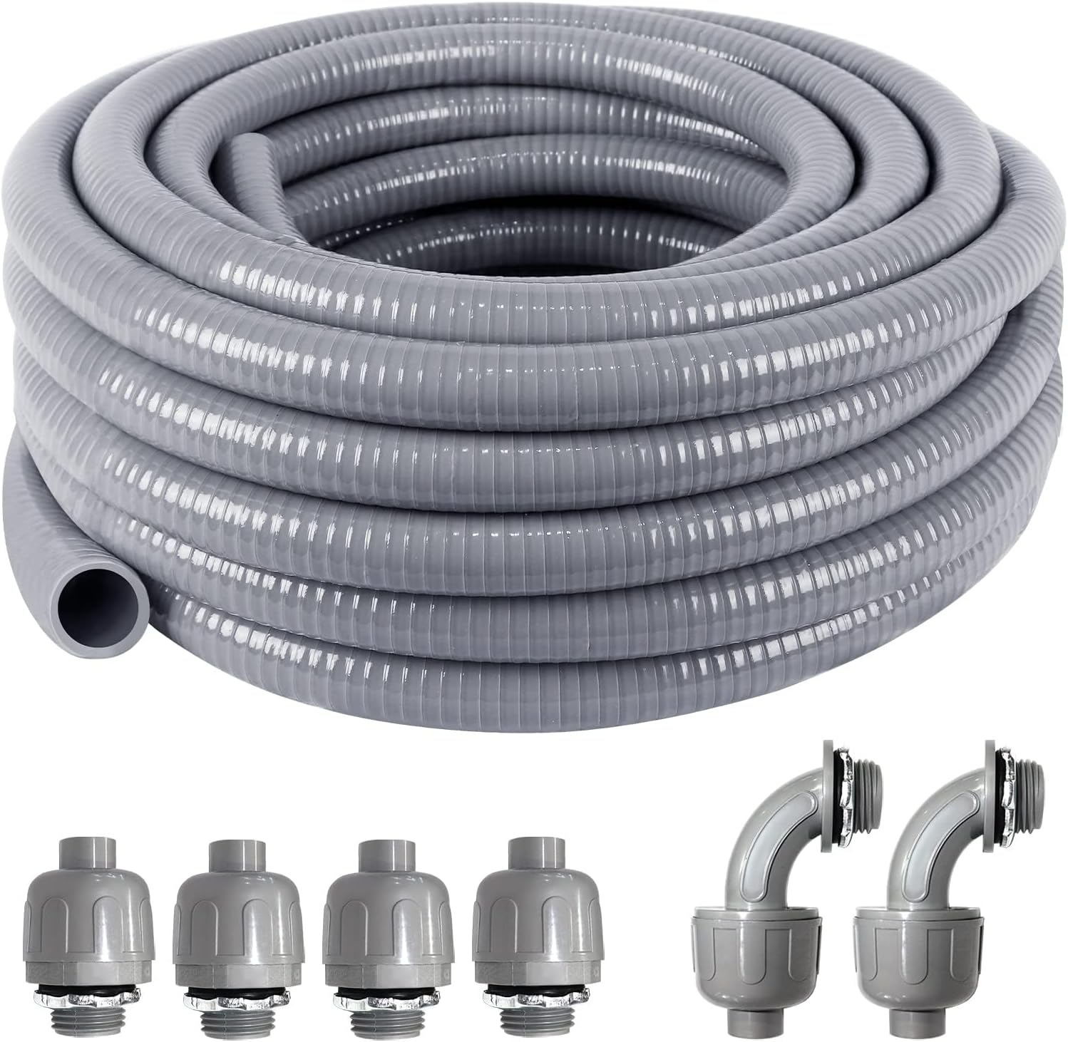 1-1/4inch 25FT Electrical Conduit Kit,Liquid-Tight Conduit and Connector Kit with 4 Straight and 2 Angle Fittings Included,Flexible Non Metallic Conduit(1-1/4" Dia,25 Feet) 1-1/4IN,25FT