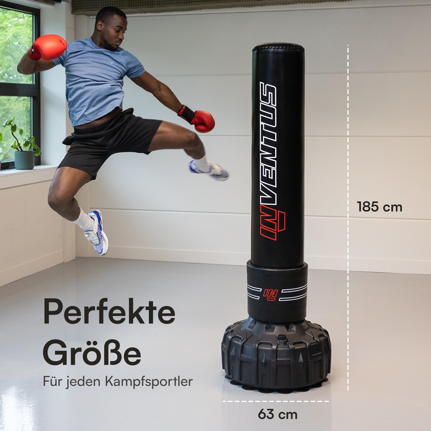 Inventus Boxsack Freistehend für Erwachsene, Schwarz, 185 cm | 25 Saugnäpfe, PU-Kunstleder, EPE-Schaum, Schockabsorption, für Boxen, Kickboxen und Fitnesstraining
