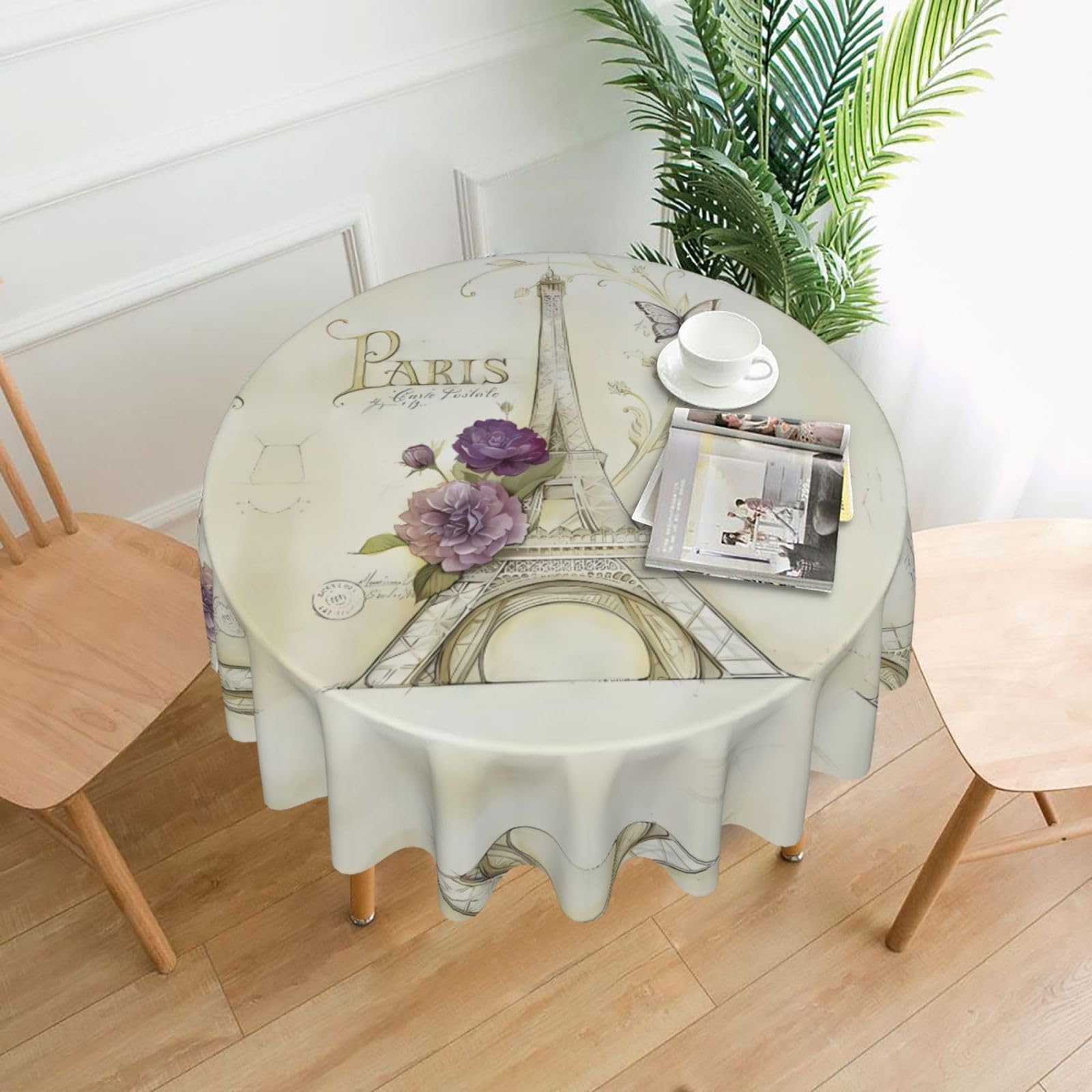 WHJSHOP Eiffel Tower Prints Round Decorative Tablecloth 60in – High-Grade Polyester Throw Cover for Dining Table Protection & Elegant Home Decor