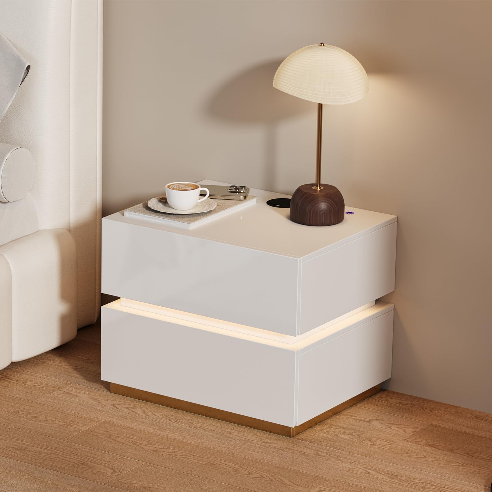 Homary Table de Chevet LED Lot de 2 avec Éclairage Réglable et Station de Recharge sans Fil, Bois MDF, Petit Meuble de Rangement pour Chambre Adulte (2, 2 Tiroirs: Blanc)