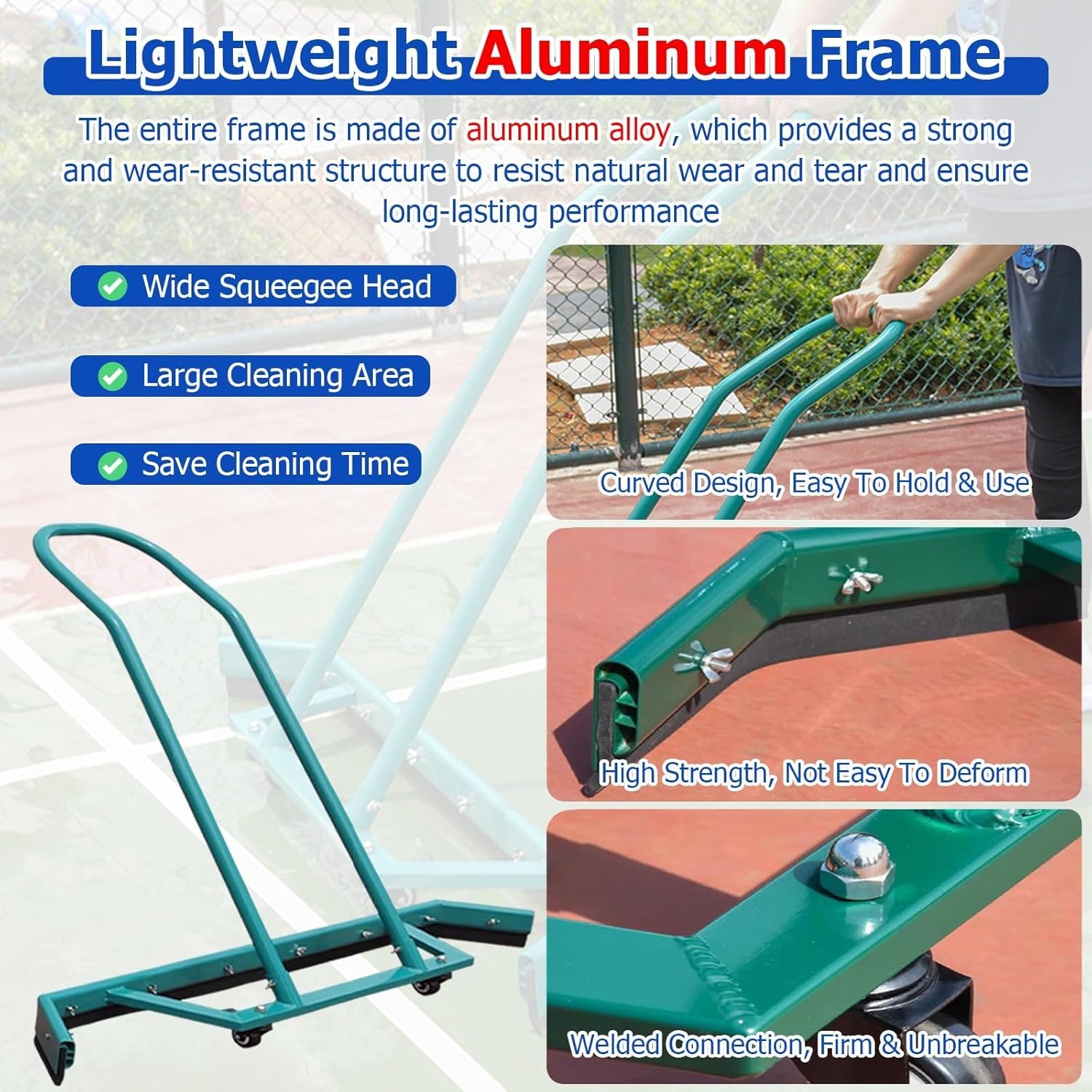 Escoba para quitar agua de piso resistente para interiores y exteriores, empujador de agua móvil de aluminio para cancha de tenis, talleres, ahorro de tiempo