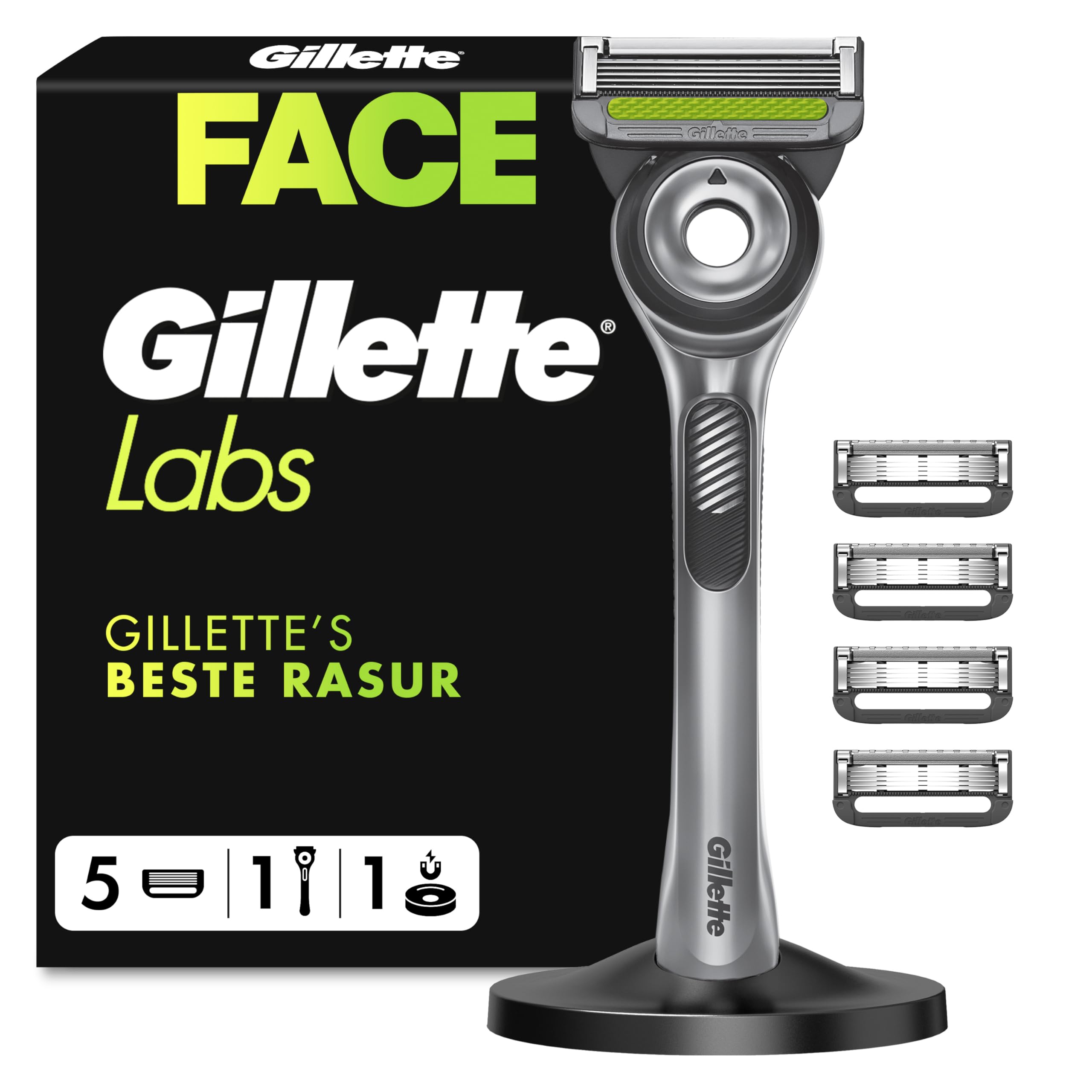 GilletteLabs Rasierer Herren mit Reinigungs-Element, Nassrasierer für Männer — Inkl. 1 Handstück, 5 Ersatzklingen und Magnetischer Dock — Edelstahl, Grau