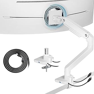 ARES WING Ultrawide Monitor Arms White with USB A/C, Heavy Duty Monitor Arm for 17 to 49 inch Screen, Holds 44 lbs, Adjustable Gas Spring Desk Mount with Clamp and Grommet Base