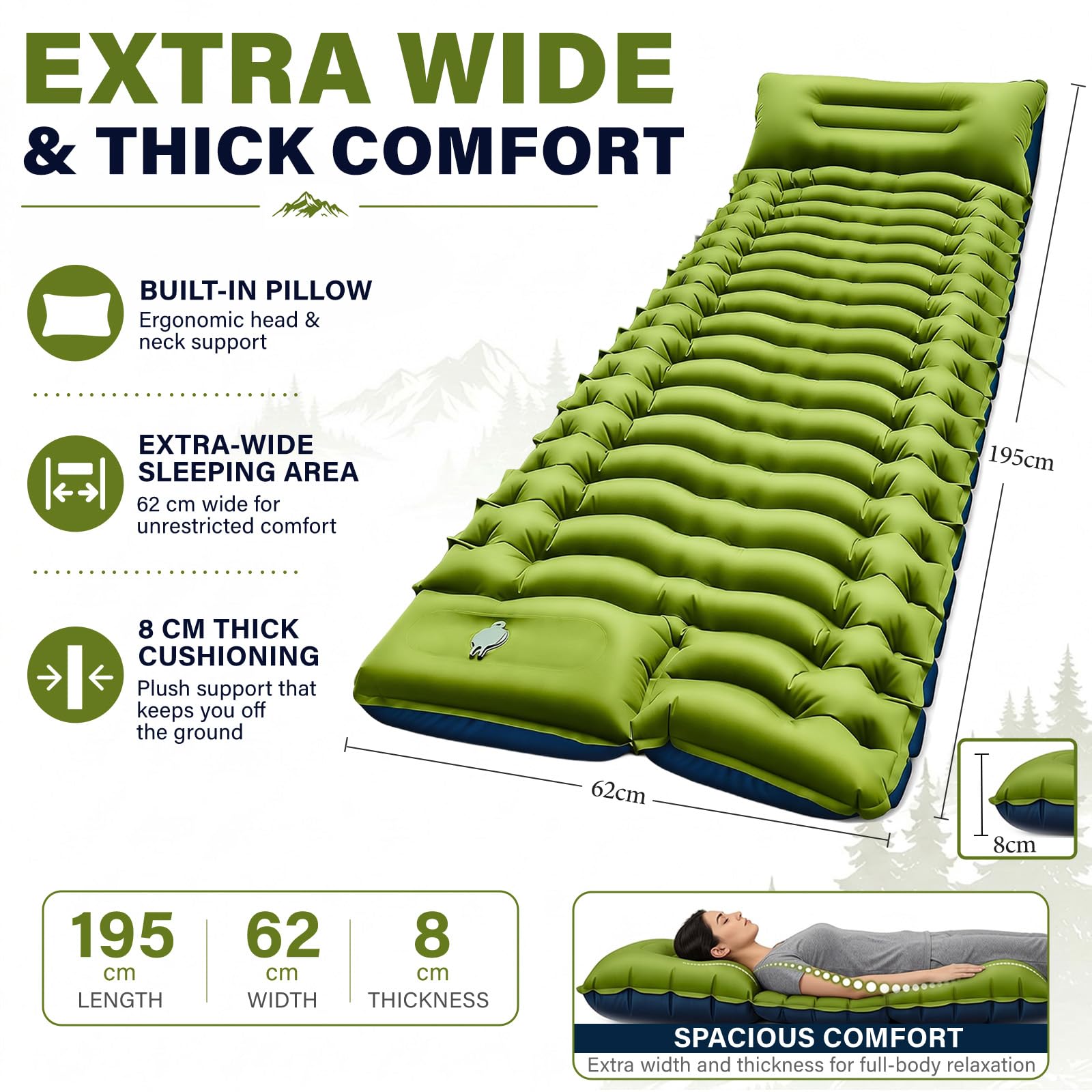 Isomatte Camping, 10CM Aufblasbare Matratze Kompakte, Ultraleicht Camping Luftmatratze mit Kissen & Fußpumpe, Outdoor Campingmatte, Anti-Ripstop Schlafmatte für Wandern, Strand, Reise, Zelt