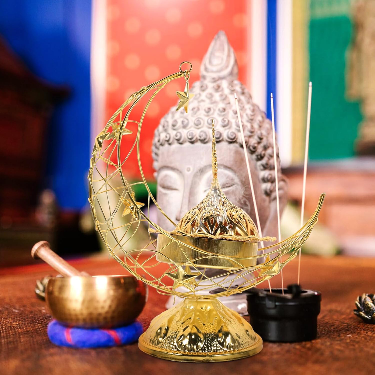Zerodeko Arabic Incense Holder, Middle East Ramadan Incense Burner Arab Crescent Tea House Censer Handheld Aroma Furnace for Muslim Islam Festival Decoration Golden