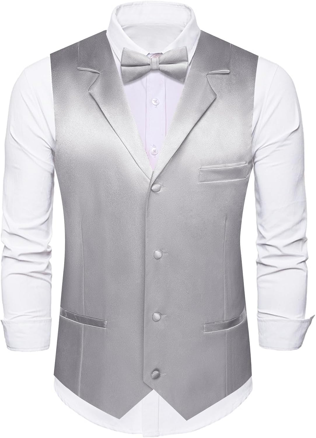Dubulle Mens Satin Vest and Tie Solid Suit Waistcoat and Pre-tied Bowtie Set for Men Lapel Pin Wedding Party
