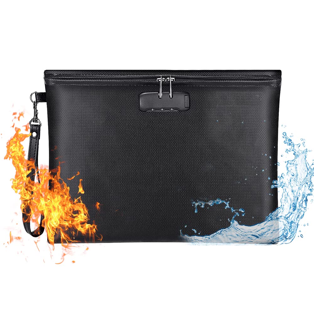 Vuurvaste geldzak met slot, 14 x 10,4 inch waterdichte en brandwerende documentzak met ritssluiting, brandwerende opbergzak voor document, tablet, paspoort, sieraden, geldveilig