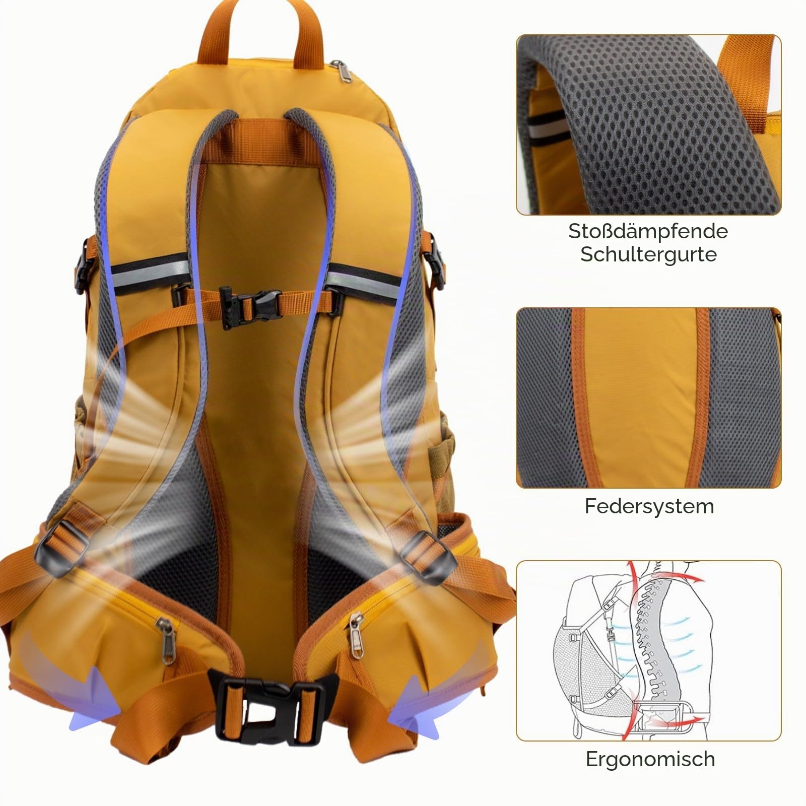 40L Wanderrucksack Herren Damen Groß Backpacker Reiserucksack Outdoor Camping Klettern Rucksäcke mit Regenhülle, Gelb