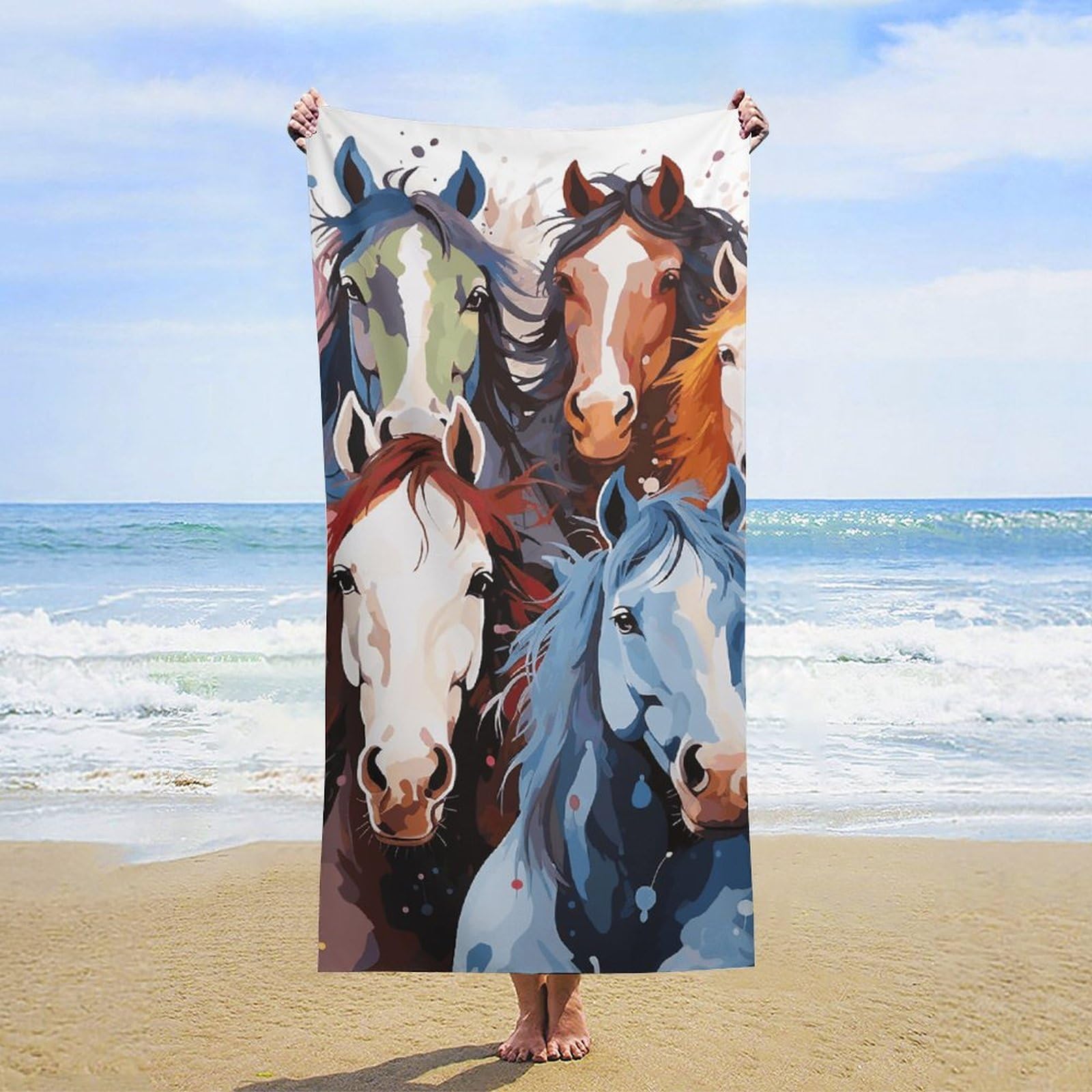 NTVOWPZO Colourful Cartoon Horses Beach Towel Oversized Microfiber Bath Towels Lightweight Sand Proof Beach Towels Absorbent Pool Towels for Swimming Yoga Bathroom Towel 31.5" X 63"