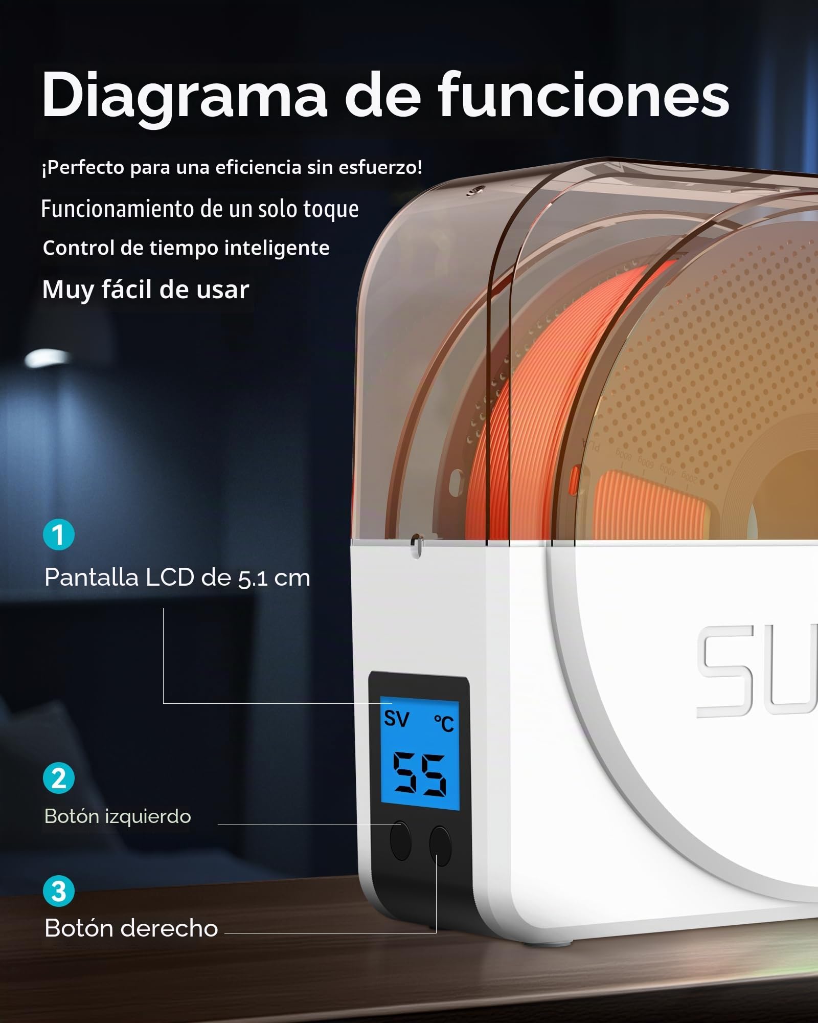 SUNLU Secador S1 Plus con Ventiladores para Filamento 3D PLA/PETG/TPU/ABS, Apto para 1.75mm/2.85mm/3.00mm FDM (Blanco)
