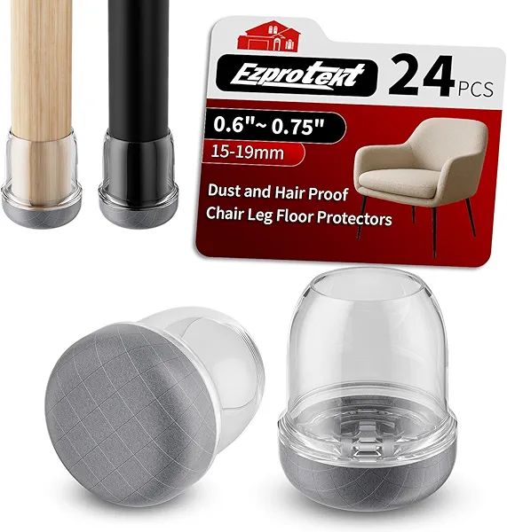 Ezprotekt 24 Pcs Clear Small Silicone Chair Leg Floor Protectors for Hardwood Floors & Carpet, Dust and Hair Proof 3/4" Round Chair Leg Caps Covers for Table, Desk, Sofa (Fit 0.6" - 0.75")