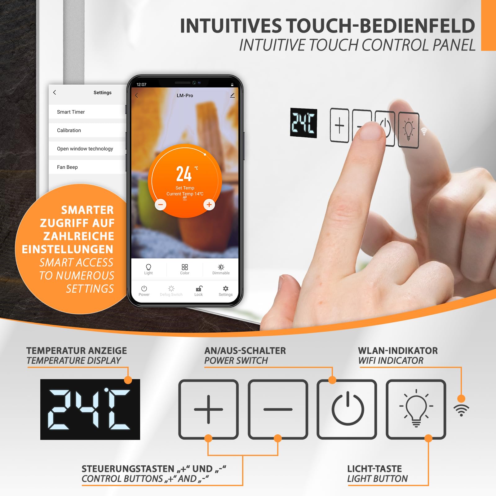 Infrarot Spiegelheizung Heizspiegel LM400-Pro 70x80cm 400W mit Beleuchtung, Tuya Smart App, Antibeschlag Spiegel optimal für Bad, Badezimmer