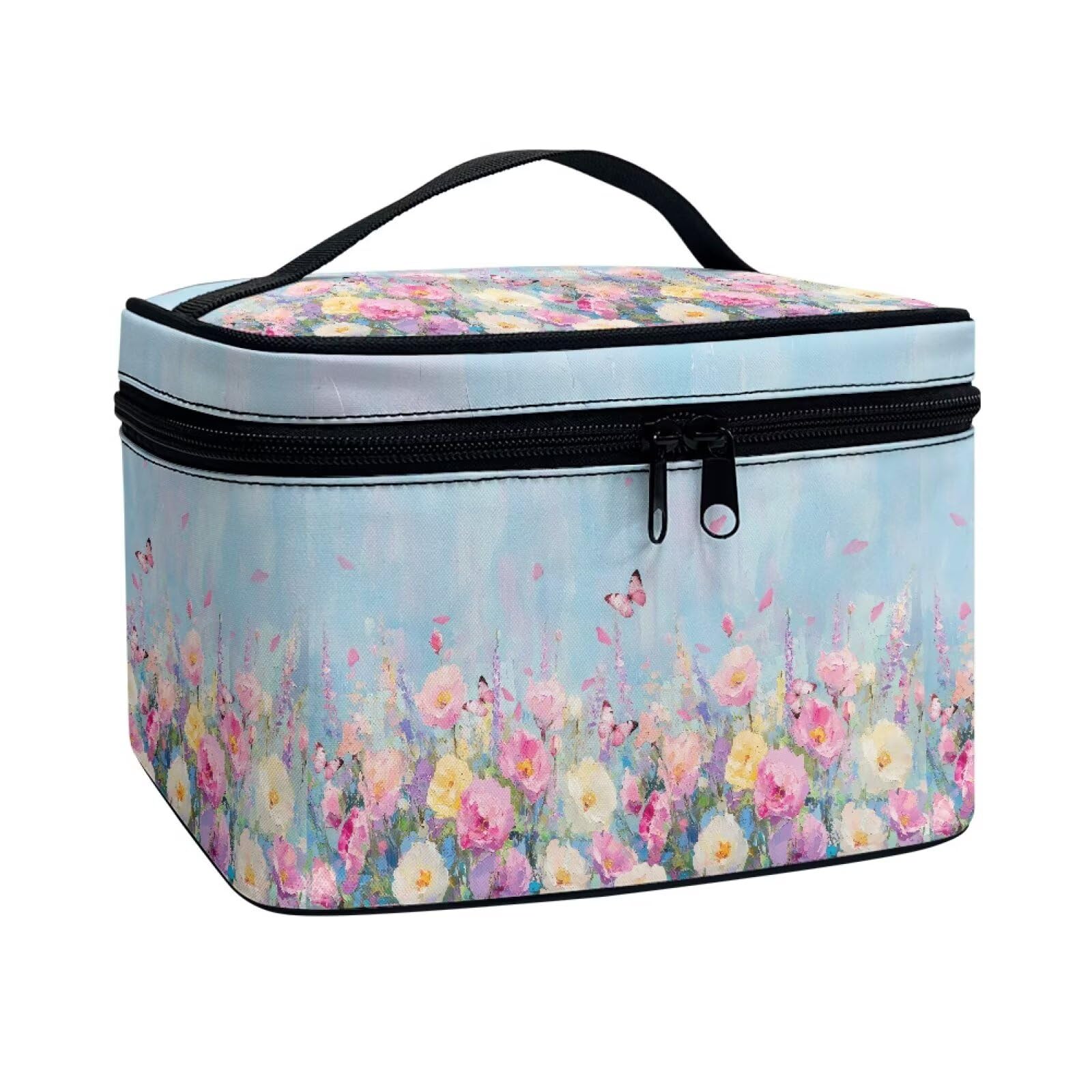 Drydeepin Butterfly Vibrant Rose Floral Print Travel Makeup Bags for Women Portable Tote Cosmetic Case with Carry Handle Toiletry Accessories Storage