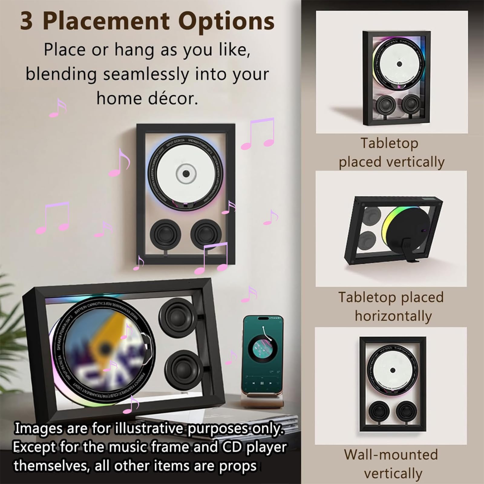 Reproductor de CD Bluetooth con control remoto, luz ambiental y marco de fotos decorativo de música, compatible con tarjeta TF/radio FM, 3 opciones de colocación para el hogar y la oficina