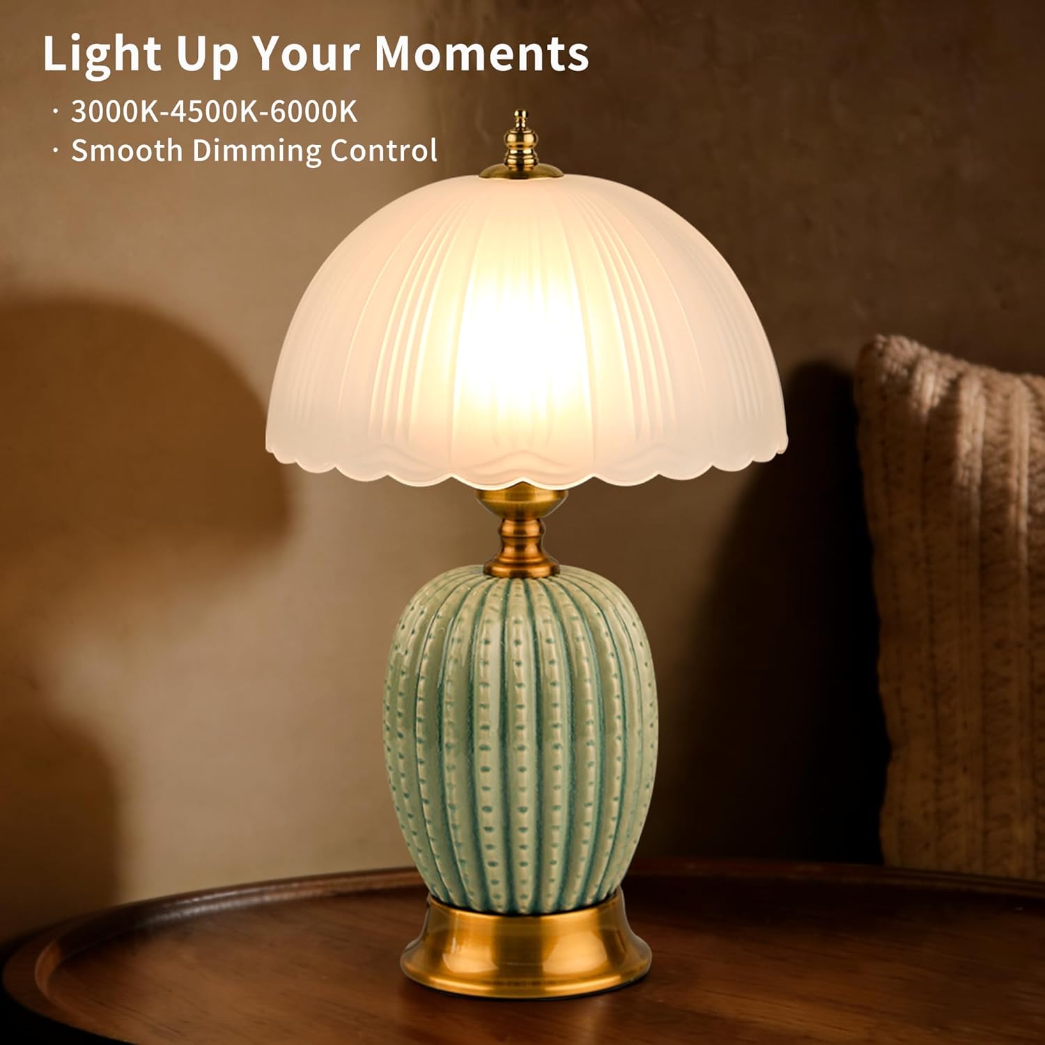 15.7" Vintage Ceramic Small Table Lamp, Green Cactus Retro Bedside Lamp with Scalloped Glass Shade, 3-Color Dimmable Nightstand Light for Bedroom & Living Room, Home Decor, Bulb Included