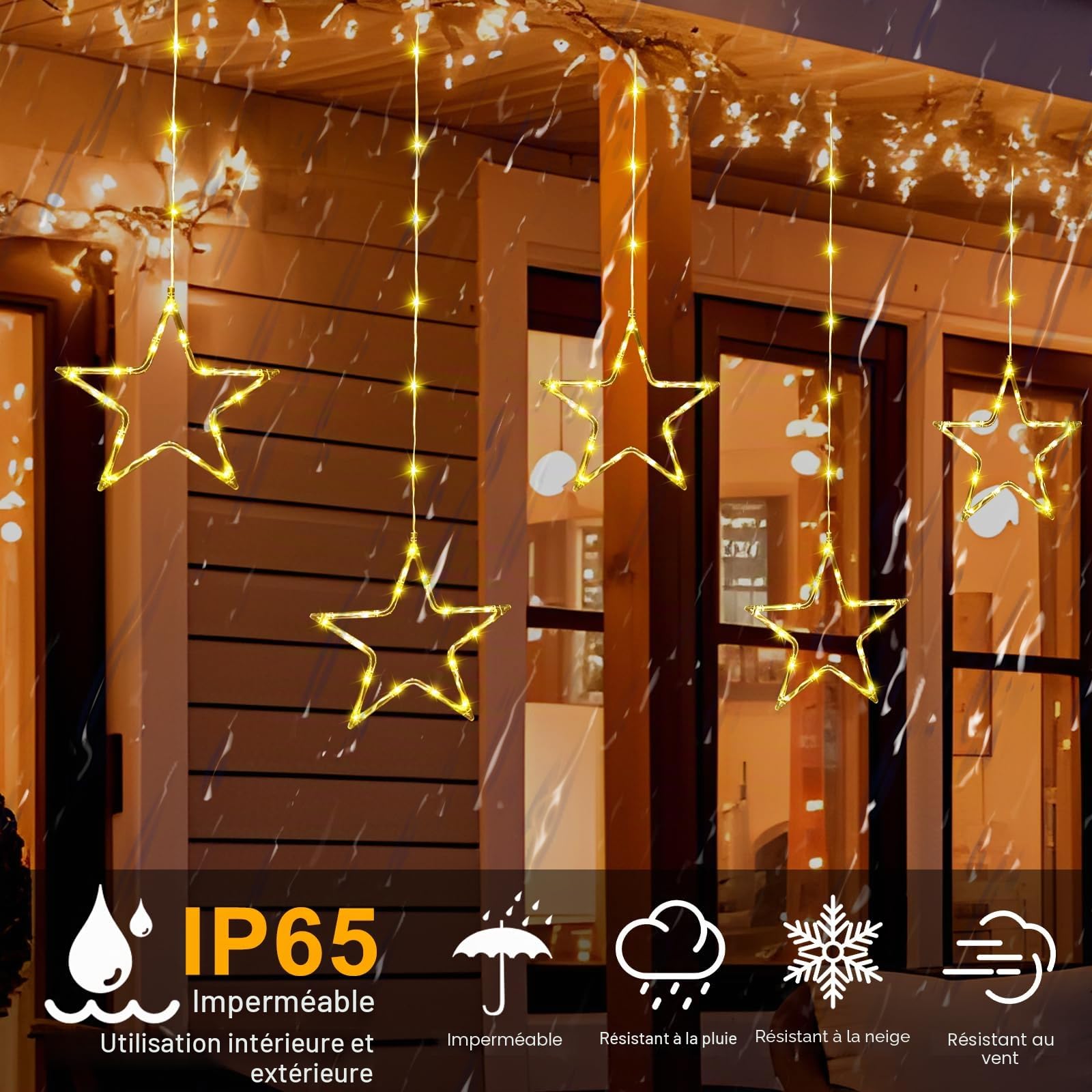 GlobaLink Rideau Lumineux Noël 5 Étoiles 96LED Guirlande Lumineuse Pile 8 Modes Étanche IP65 Minuterie Décoration Intérieur/Exterieure pour Sapin de Noël Fenêtre Chambre - Blanc Chaud