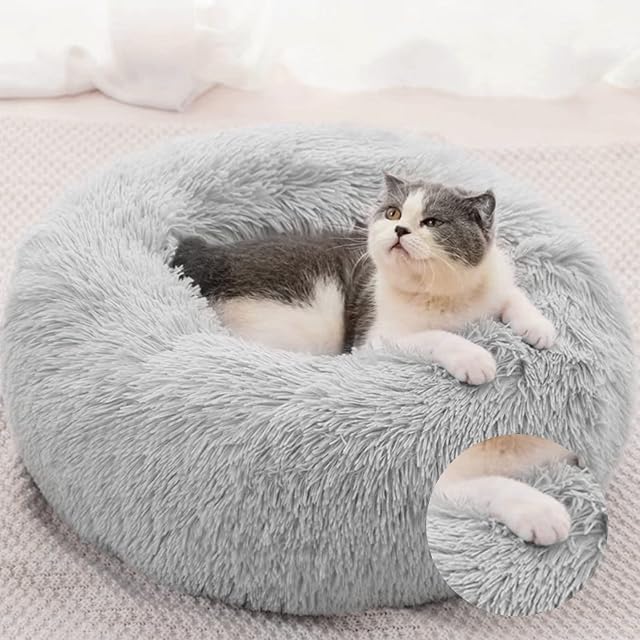 Foto 3 de 7 de DONWEI Cama Redonda Mascotas 50CM Gris Claro Felpa Antiestrés Lavable