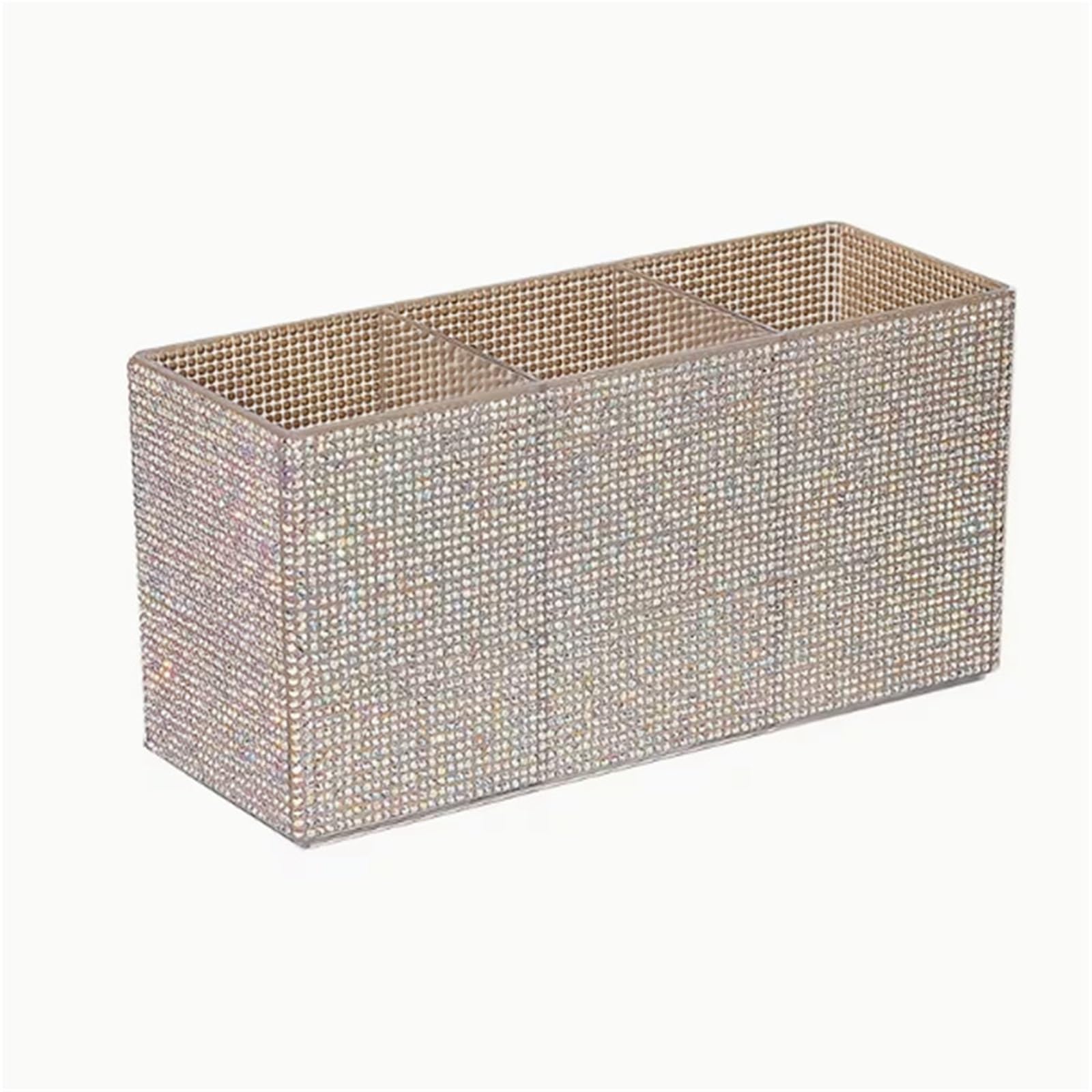 LOVSSU Sparkling Rhinestone Makeup Brush Organizer With 3 Compartment Large Capacity Brushes Tools Storage Box(White)