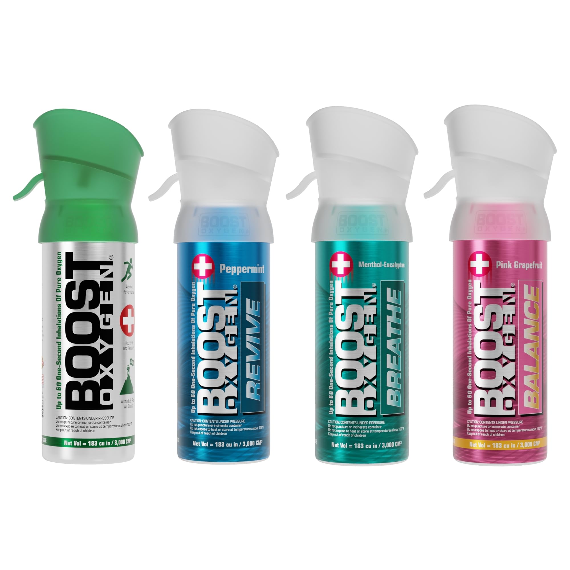 Boost Oxygen Pocket Size Variety Collection | Natural, Peppermint, Menthol-Eucalyptus & Pink Grapefruit (4 Pack)