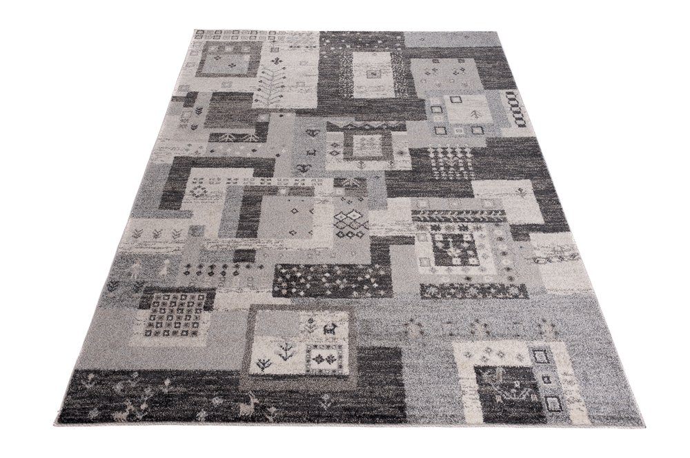 Tapiso Sari dywan z krótkim włosiem, nowoczesny, kwadratowy, paski, szary, kremowy, wielokolorowy, melanż, do salonu, sypialni, Ökotex 120 x 170 cm
