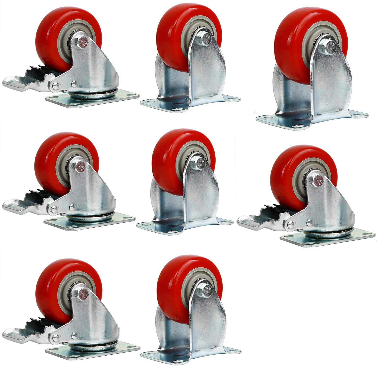 Set di 8 Ruote fisse da 3 Pollici (4 con Freno, 4 Senza), Ruote in Poliuretano con Freno per carrelli, mobili, banchi da Lavoro, Trolley, capacità Totale 1234 libbre.