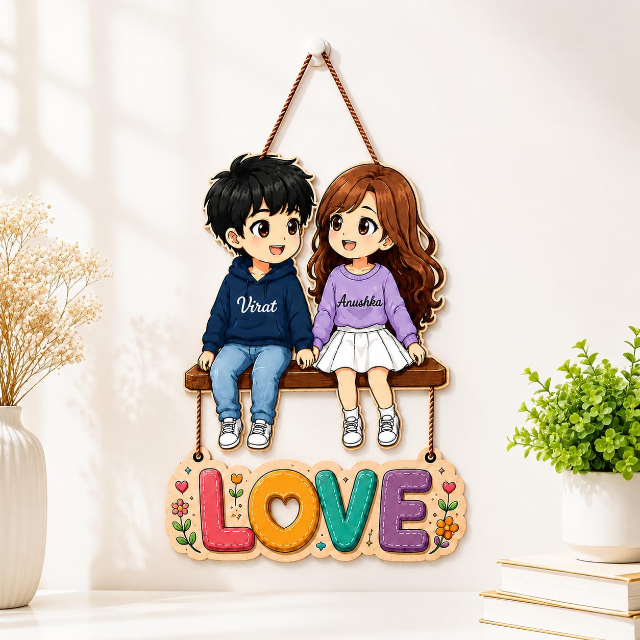 GliterKart custumised Couple Name Wall Hanging, Multicolour Anime Style Romantic Decor with Rainbow Love Sign, Engineered Wood, 25.4 x 24.4 cm, Modern Design for Bedroom, Living Room, Door Entrance-image-35