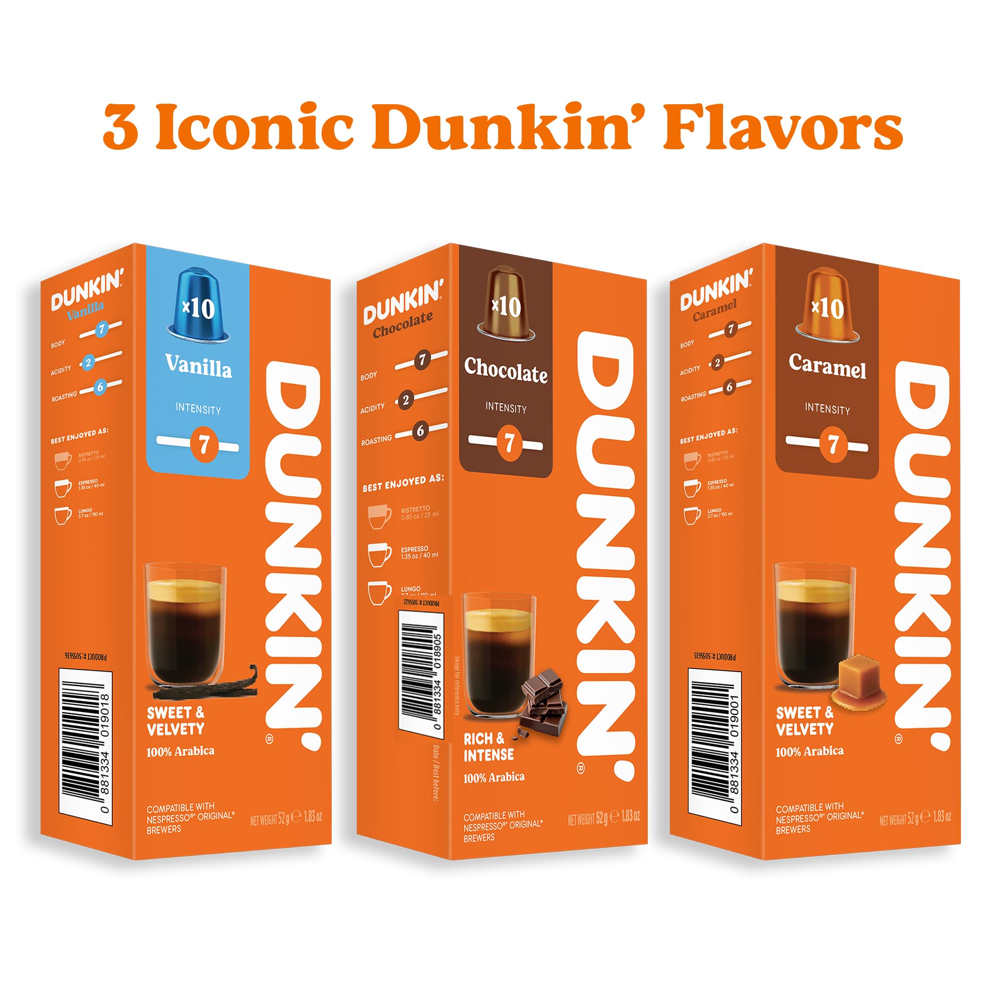 Flavor Dunkin' Donuts - 80 Cápsulas de Café, 3 Sabores Aromatizados: Vainilla, Chocolate, Caramel, Compatibles con Máquinas Nespresso, Cremoso y Aromático, Idea Regalo