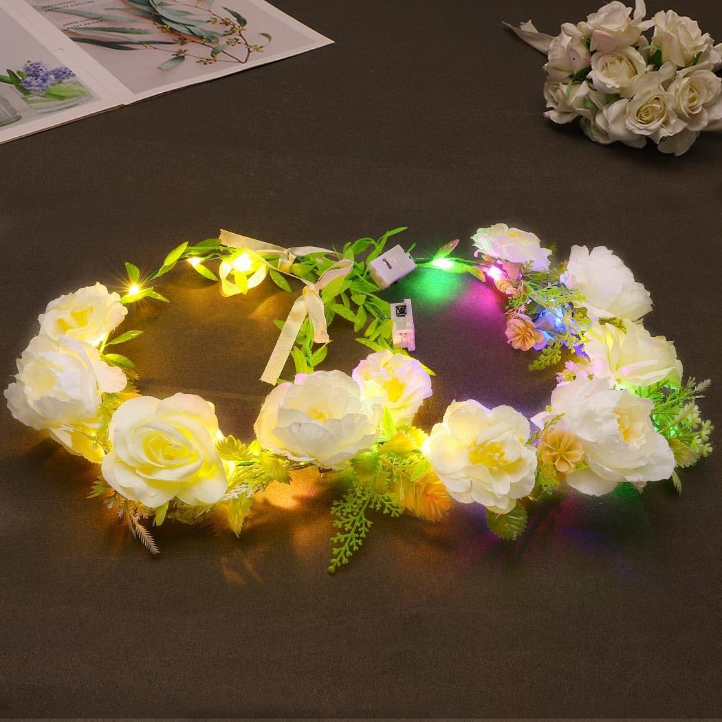 Vakkery LED Flower Crown Headbands Light Up Garland Headband Floral Wreath Headdress Festival Hair Accessories for Women