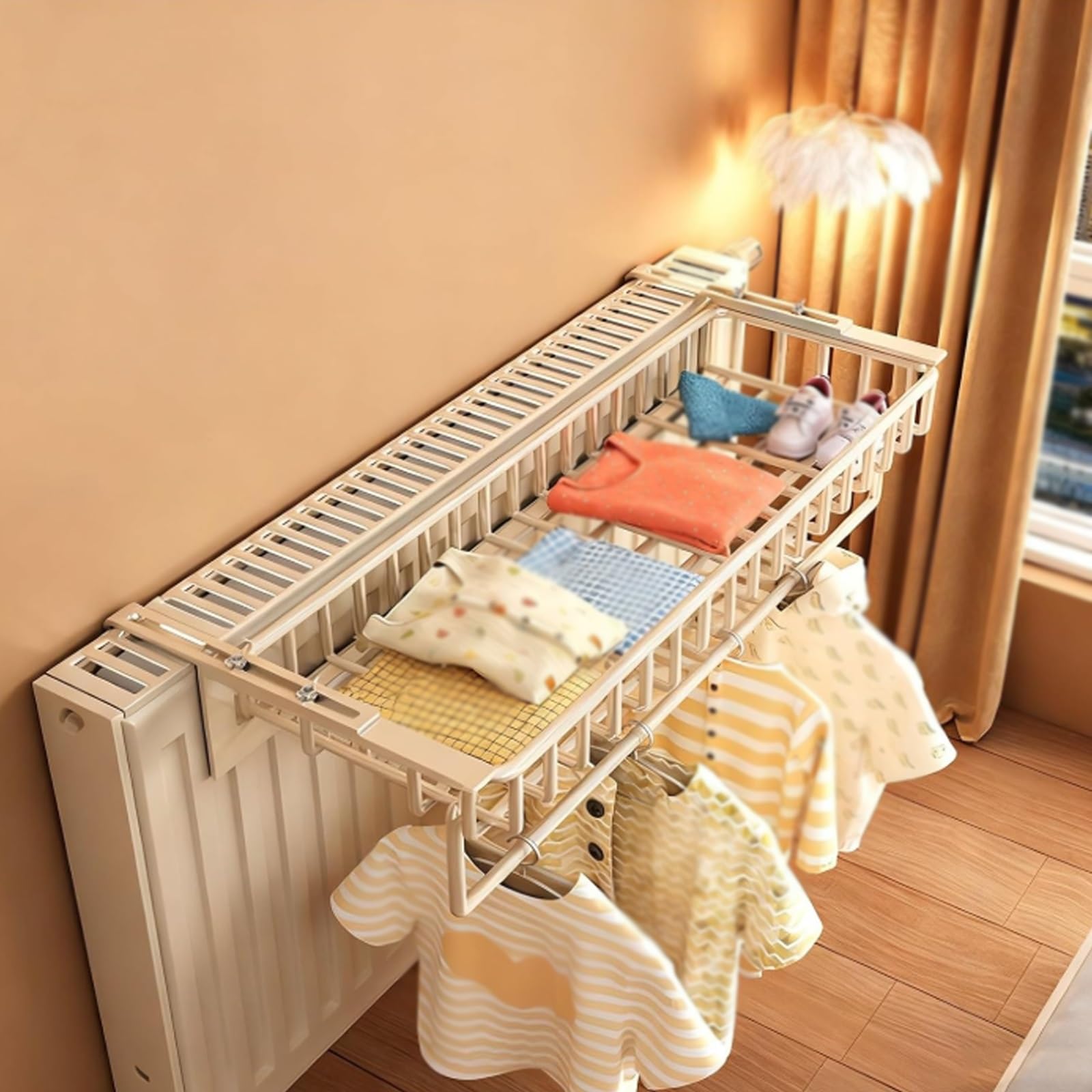 Mensola per termosifone, non necessita di trapano, stendibiancheria per balconi, davanzali, soggiorno e camera da letto, design cavo, salvaspazio, bianco, 50 cm
