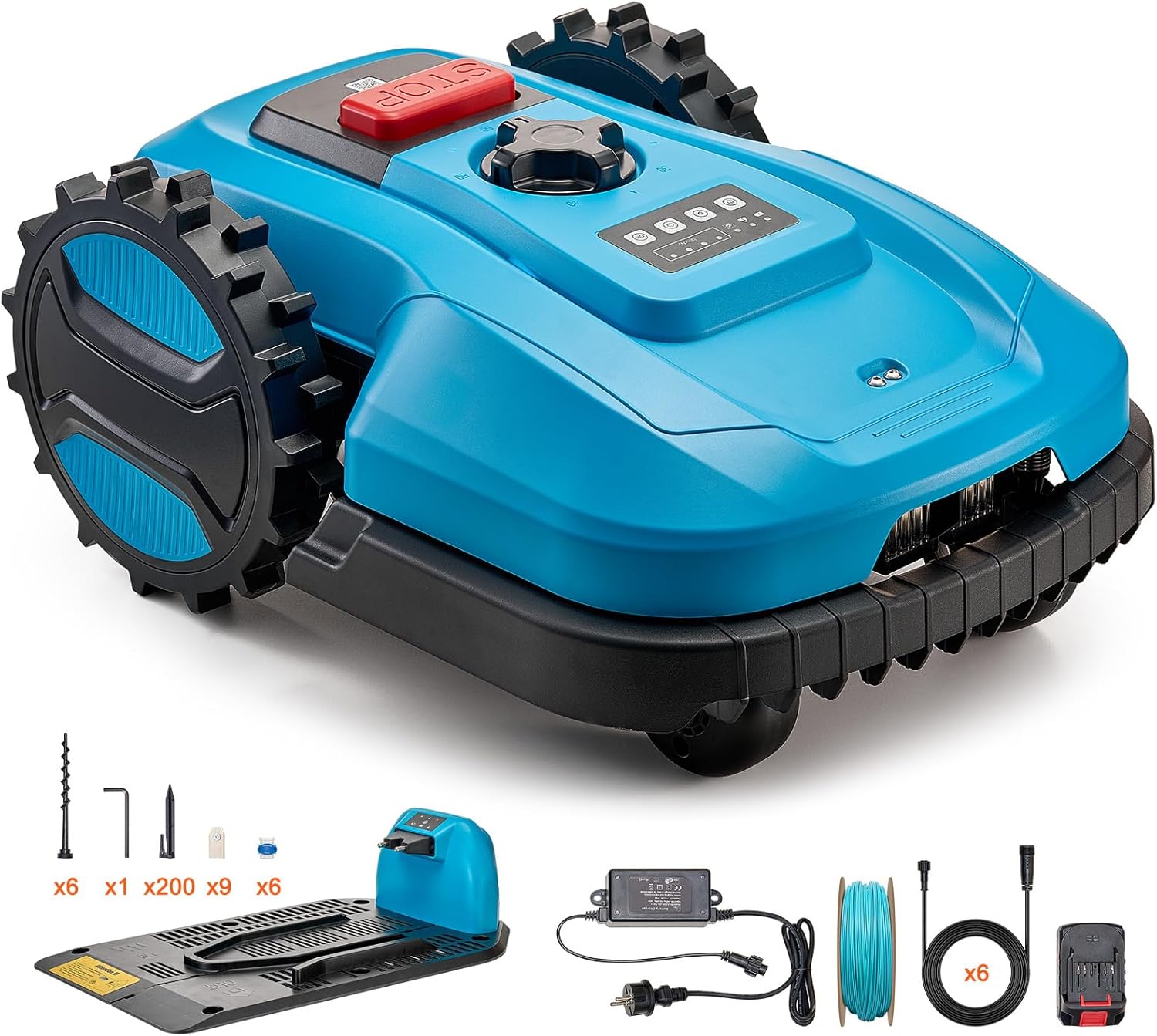 VEVOR Robot Lawnmower TLM-E502 and its accessories laid out