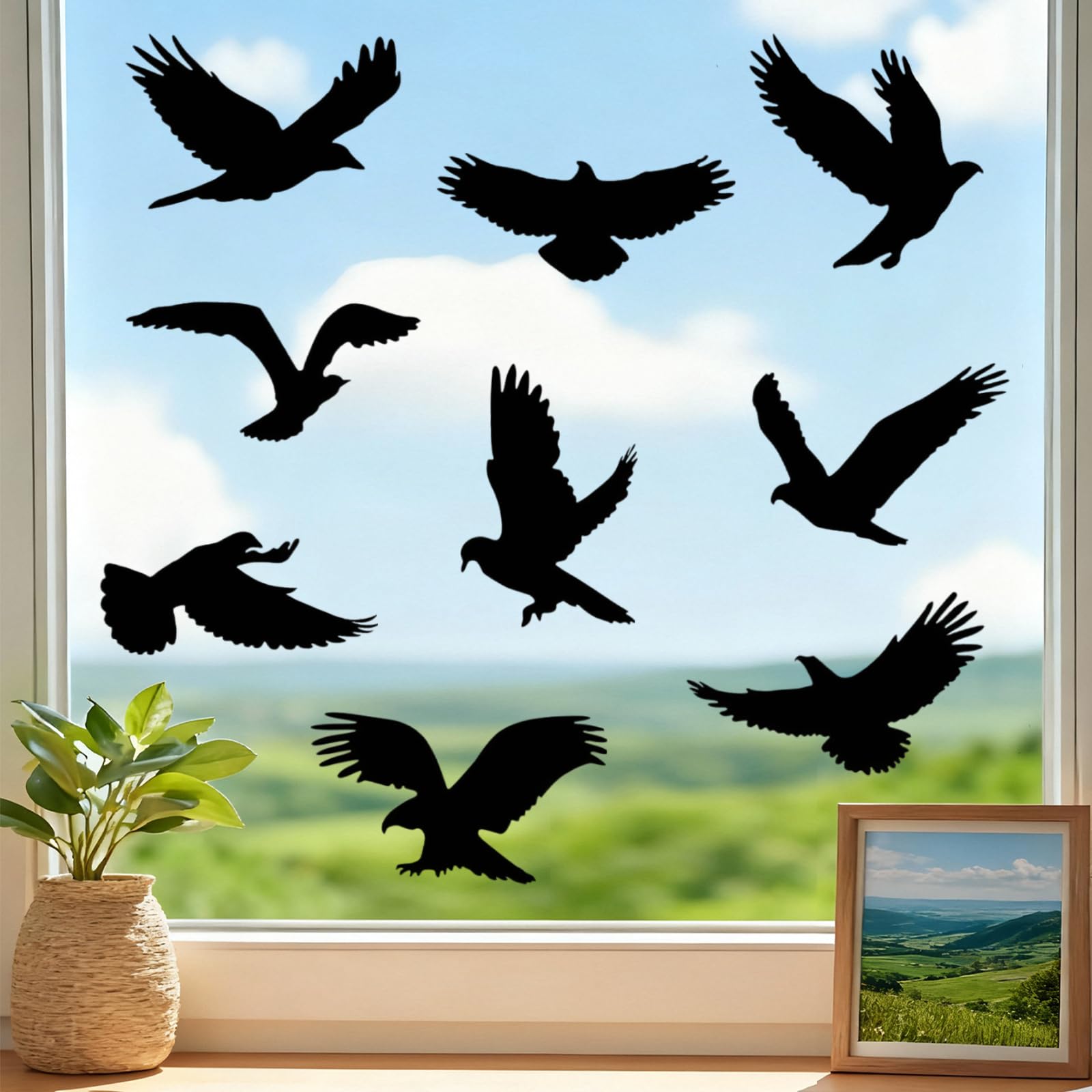 Flintronic 9 Pcs Large Size Anti-Collision Window Stickers, Window Clings Bird Shape, Protect and Save Bird and People Strikes (Black)