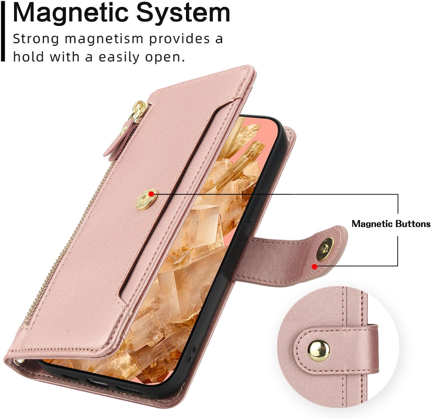Asuwish Phone Case for Google Pixel 8 5G Zipper Wallet Cell Cover, with Tempered Glass Screen Protector and Crossbody Wrist Strap, Kickstand Flip Credit Card Holder Pixel8 Eight Women Girls Rose Gold