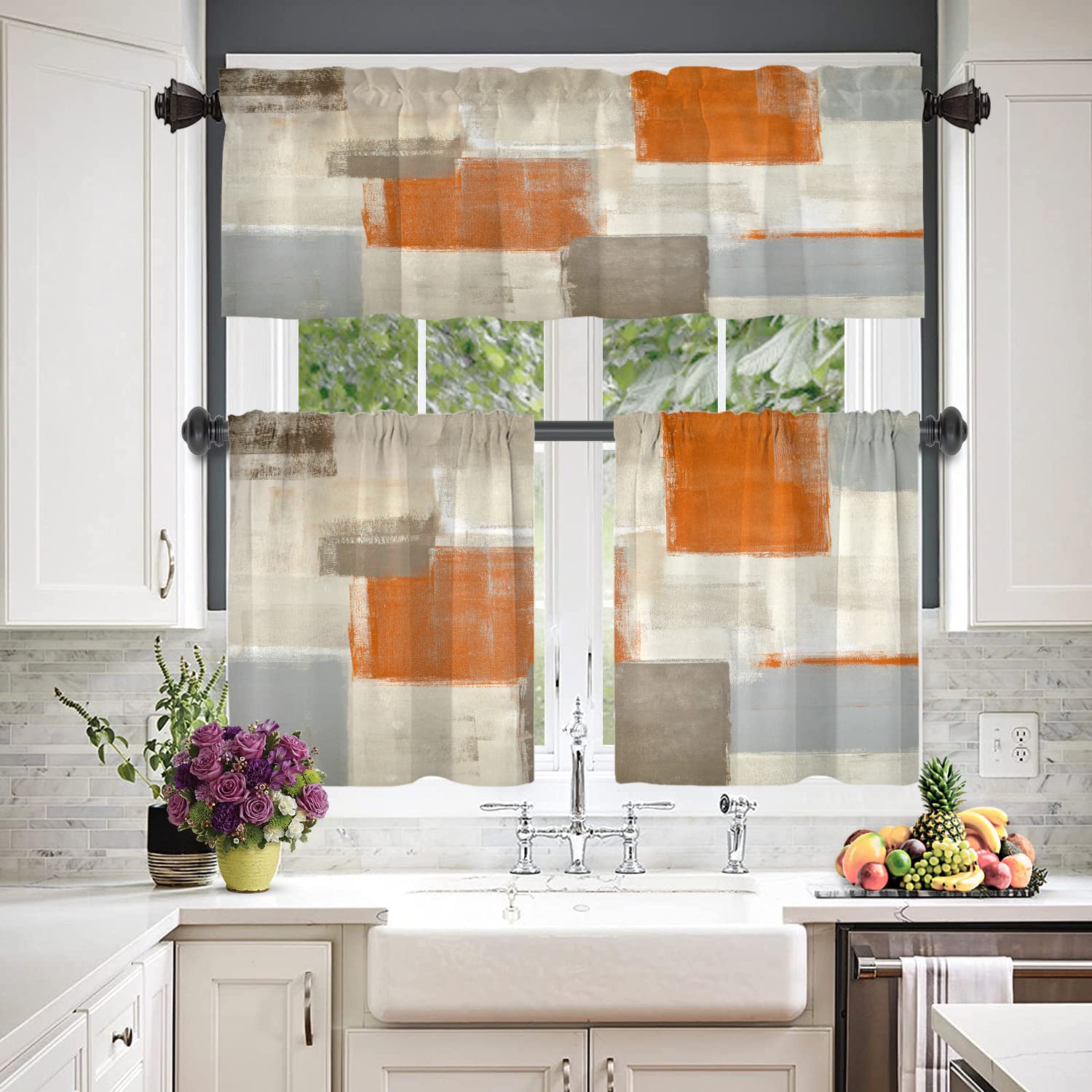 BaoNews Beige Abstract Art Kitchen Valances for Windows,Orange Painting Blackout Valances Curtains Multilayer Polyester Drapes for Kitchen Bedroom 2 Pack 52X16 Inches