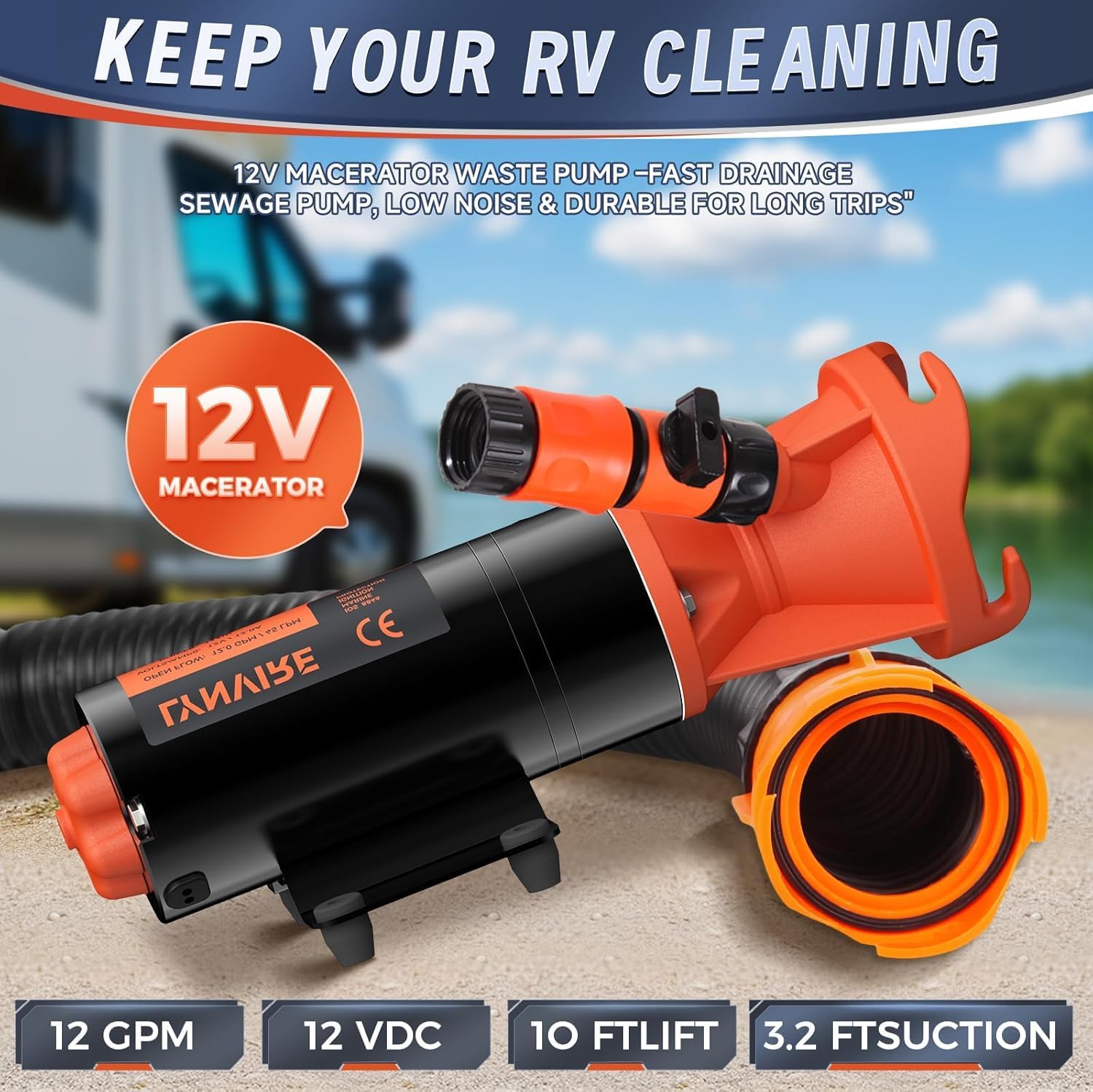 RV Macerator Pump 12V,Portable Macerator Waste Pump,12GPM Suction 3.2 feet Lift 10 feet with Garden Hose Discharge Port,Quick Release Sewage Pump with Fresh Water Rinse and Manual Crushing Function.