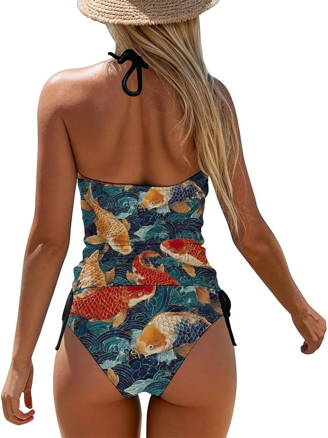 Japanese Fish Swimming Ocean Wave Women Tankini 2 Piece Swim Bathing Suits | tummy control,high neck top with bottom,swimwear,swimsuits